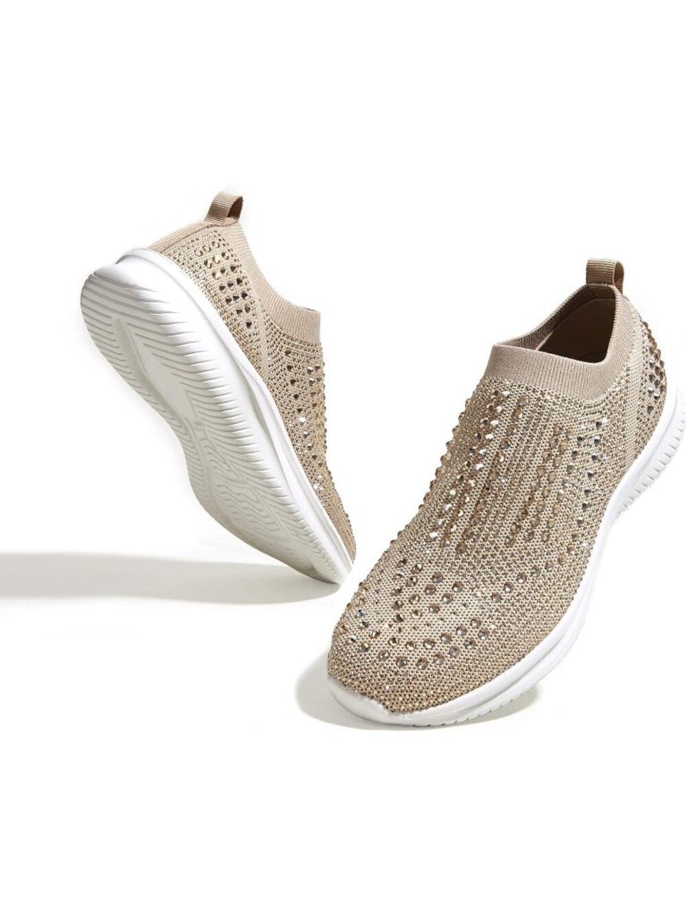 Women's Beige Rhinestone Comfortable Sparkly Mesh Sock Fashion Walking Sneakers